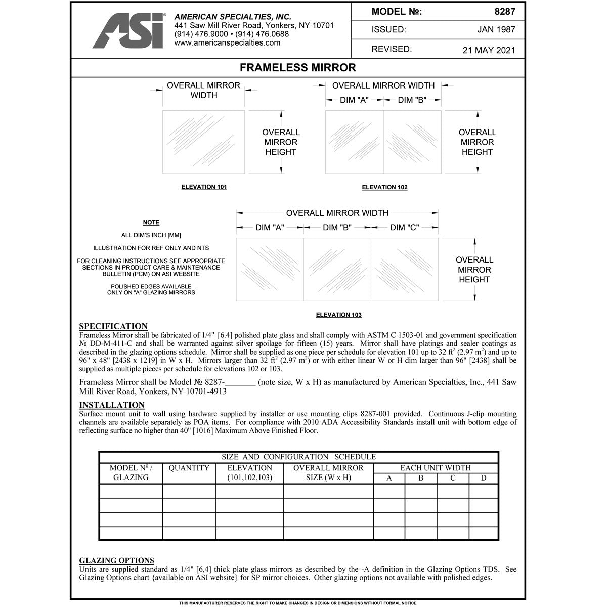 ASI 8287-2436 (24 x 36) Frameless Polished Glass Mirror, 24" Wide X 36" High