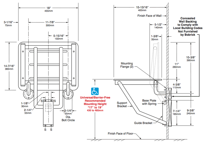 Bobrick B-5191 Barrier Free Commercial Shower Seat, 500 lb Load Capacity, Phenolic - TotalRestroom.com