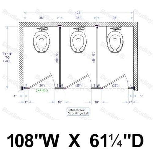 Bradley BW33660 Commercial 3 Between Wall Compartments, 108"W x 61-1/4"D, Stainless Steel - TotalRestroom.com