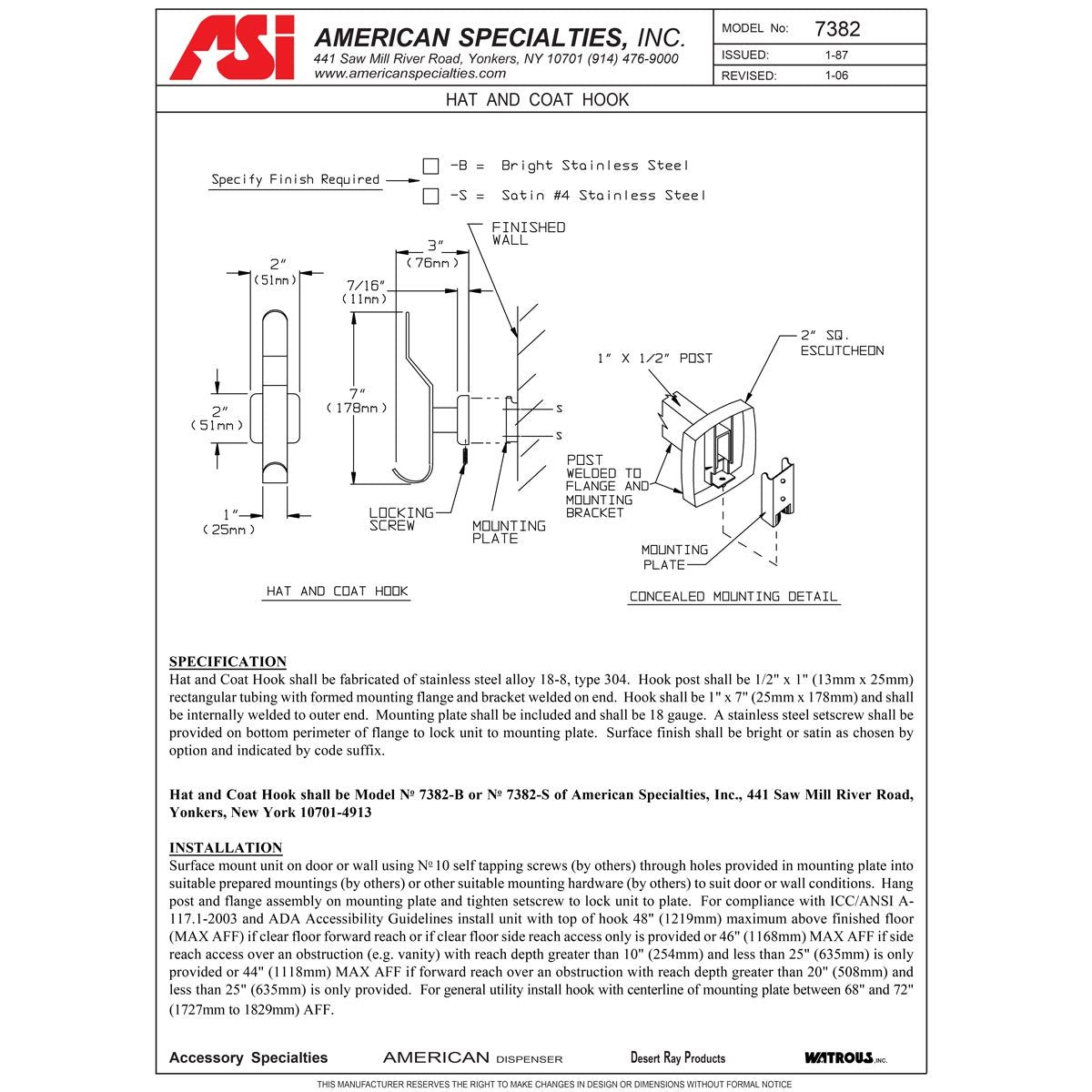 ASI 7382-S Commercial Restroom Hat Robe & Coat Hook, Stainless Steel