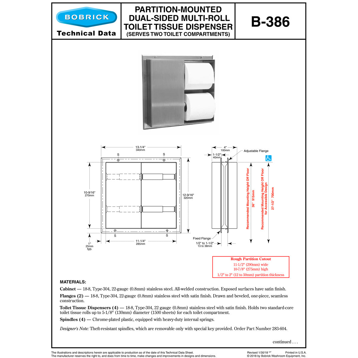 Bobrick B-386 Commercial Toilet Paper Dispenser, Partition-Mounted, Stainless Steel w/ Satin Finish