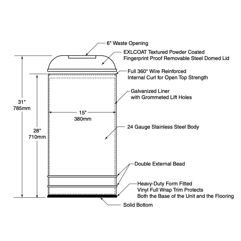 Bobrick B-2300 Commercial Restroom Sanitary Waste Bin, 12 Gallon, Recessed-Mounted, 15" Diameter x 31" H, 18-1/2" D, Stainless Steel