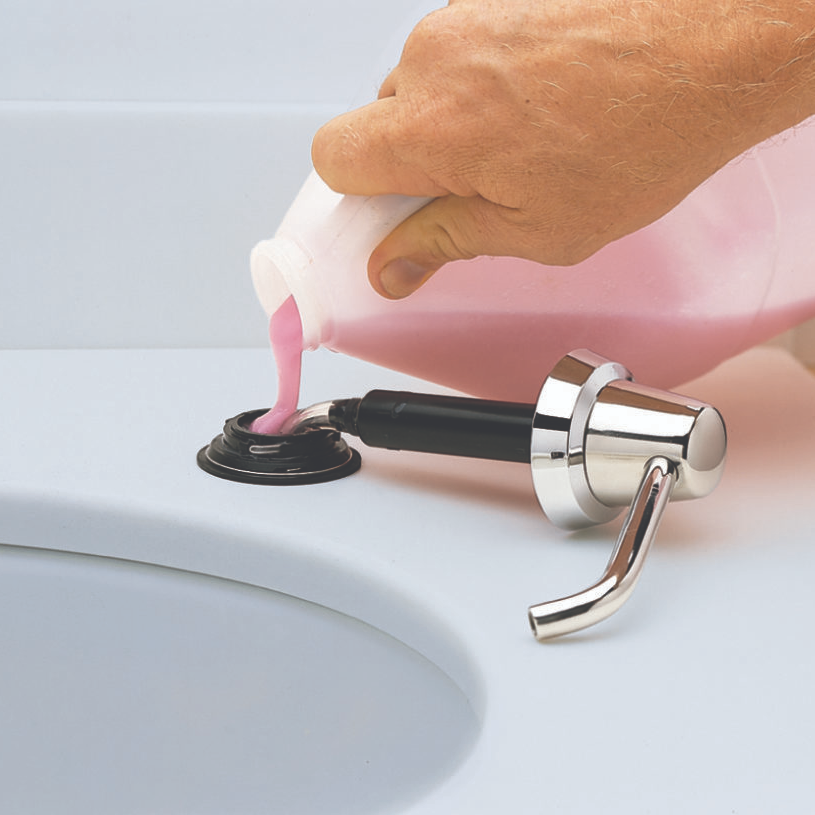 Bobrick B-822 Commercial Liquid Soap Dispenser, Countertop Mounted, Manual-Push, Stainless Steel - 4" Spout Length