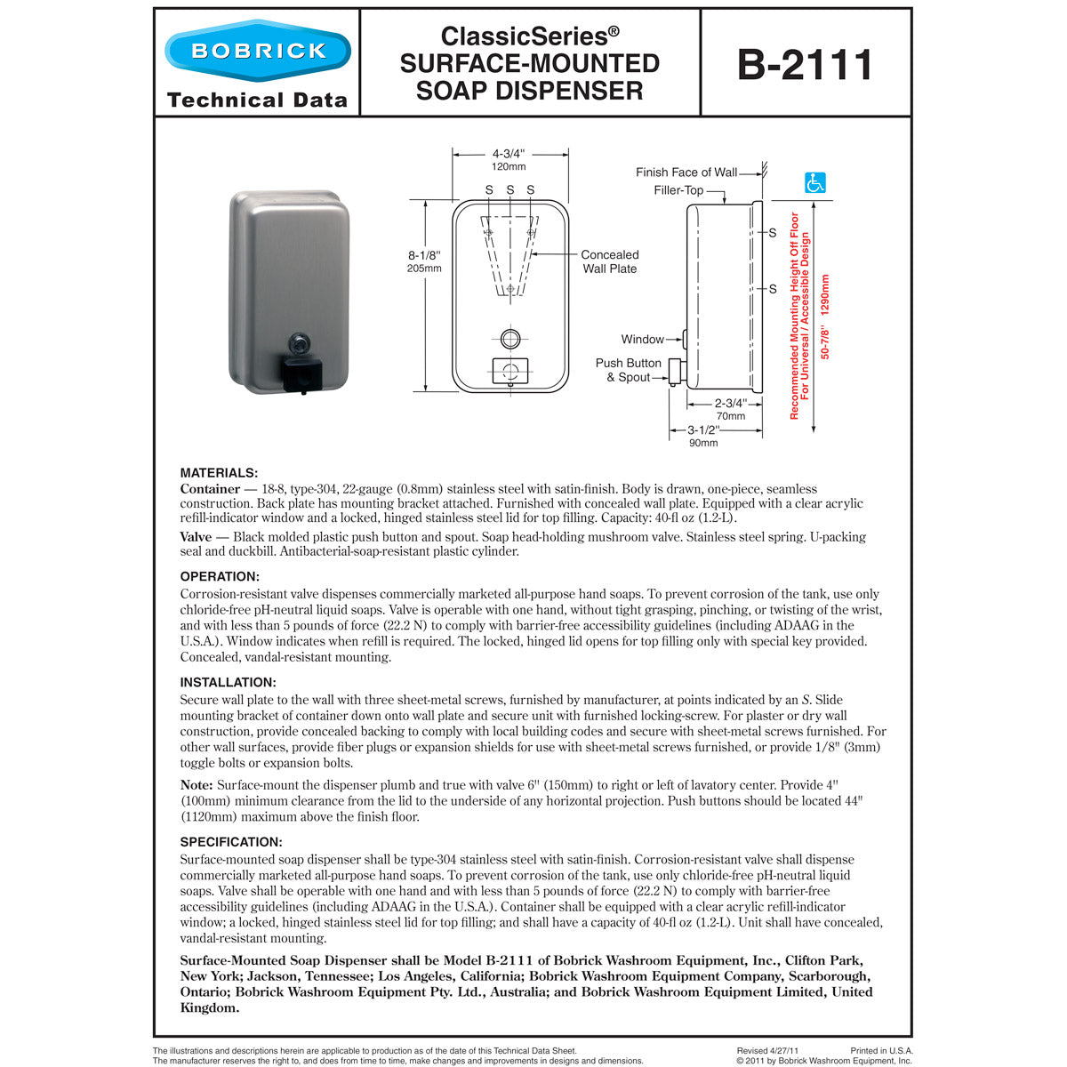 Bobrick B-2111 Commercial Liquid Soap Dispenser, Surface-Mounted, Manual-Push, Stainless Steel - 40 Oz