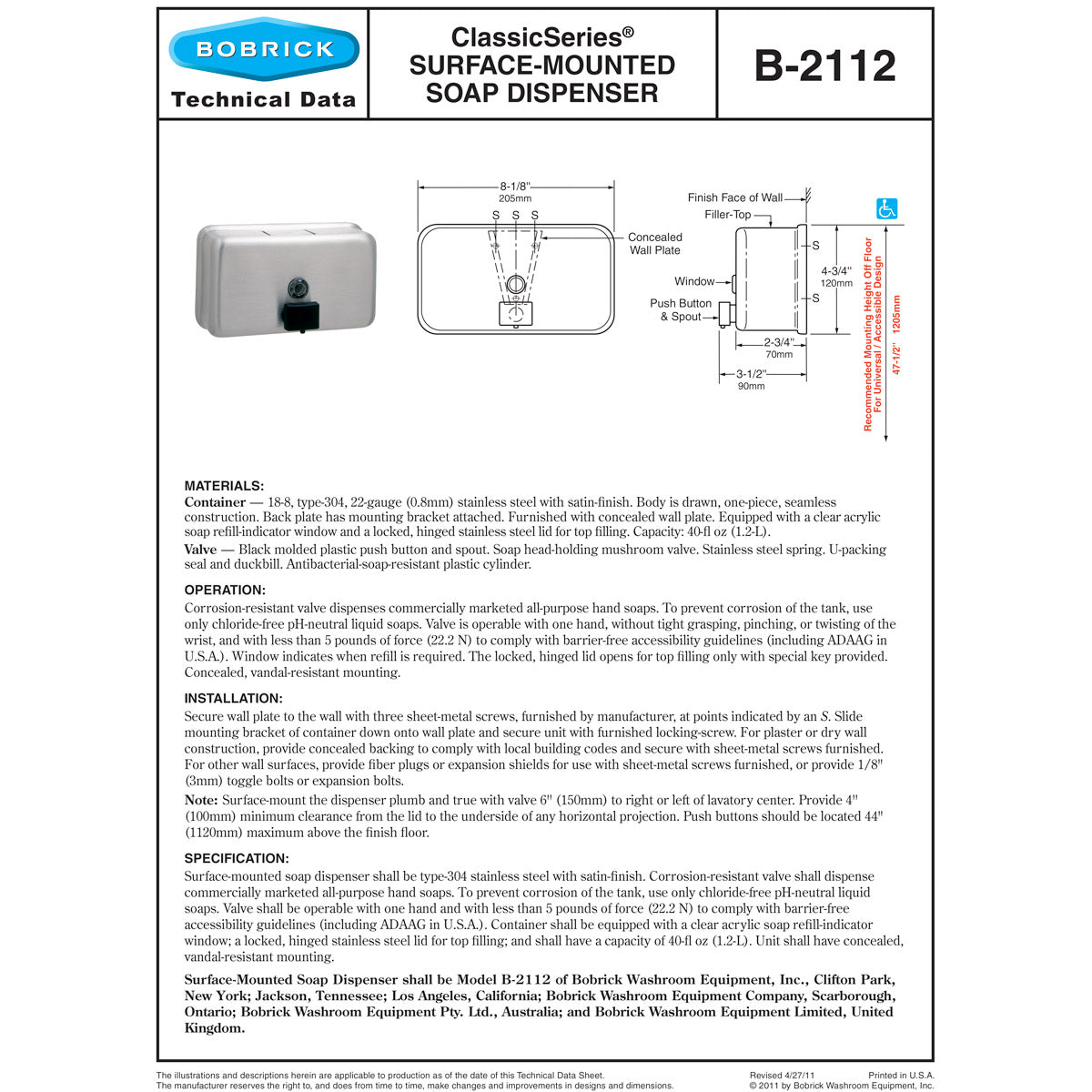 Bobrick B-2112 Commercial Liquid Soap Dispenser, Surface-Mounted, Manual-Push, Stainless Steel - 40 Oz