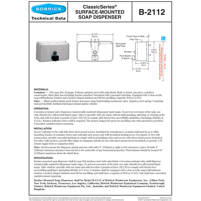 Bobrick B-2112 Commercial Liquid Soap Dispenser, Surface-Mounted, Manual-Push, Stainless Steel - 40 Oz