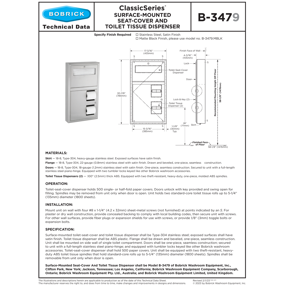 Bobrick B-3479 Combination Commercial Seat-Cover/Toilet Paper Dispenser, Left-Side, Surface-Mounted, Stainless Steel