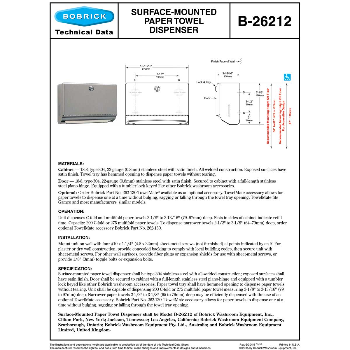 Bobrick B-26212 Commercial Paper Towel Dispenser, Surface-Mounted, Stainless Steel