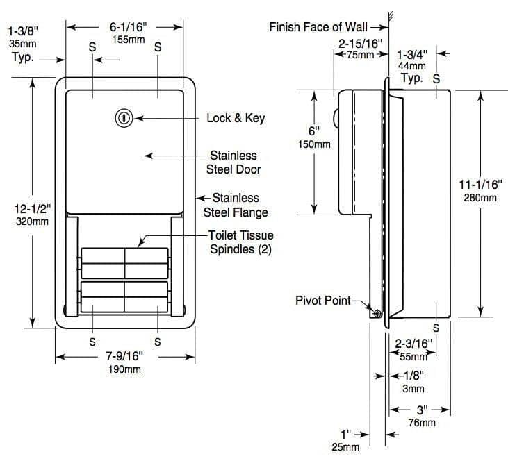 Bobrick B-3888 Commercial Toilet Paper Dispenser, Recessed-Mounted, Stainless Steel w/ Satin Finish - TotalRestroom.com