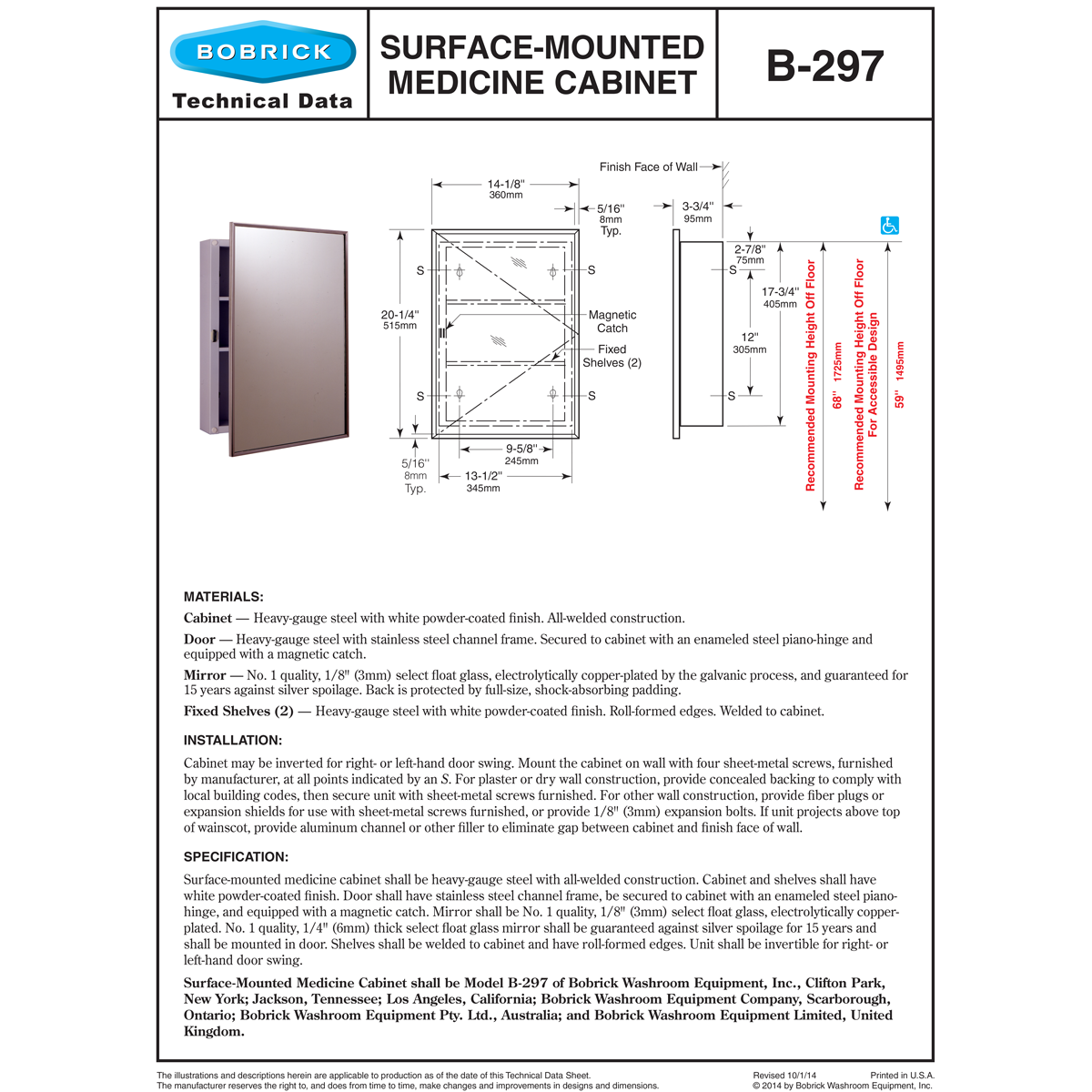 Bobrick B-297 (14.125 x 20.25) Commercial Medicine Cabinet, Surface-Mounted, Steel (14.125