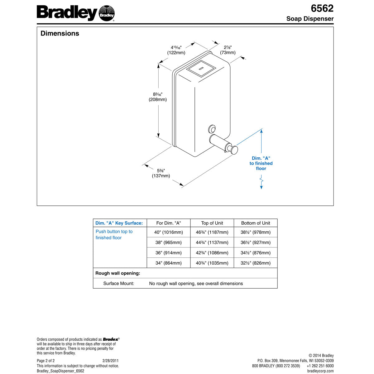 Bradley 6562 Commercial Liquid Soap Dispenser, Surface-Mounted, Manual-Push, Stainless Steel - 40 Oz
