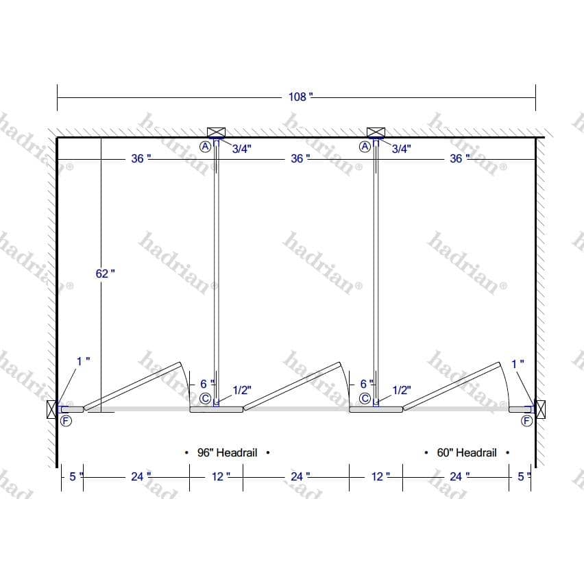 Hadrian Toilet Partition, 3 Between Wall Compartments, Plastic, 108"W x 61-1/4"D - BW33660-PL-HADRIAN - TotalRestroom.com
