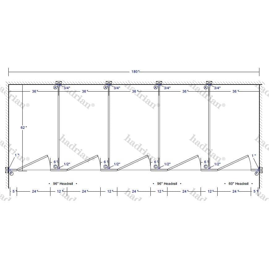 Hadrian Toilet Partition, 5 Between Wall Compartments, Plastic, 180"W x 61-1/4"D - BW53660-PL-HADRIAN - TotalRestroom.com