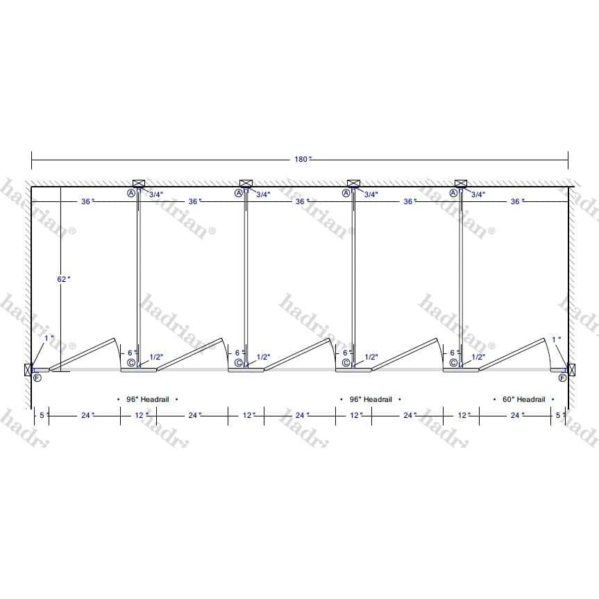 Hadrian Toilet Partition, 5 Between Wall Compartments, Stainless Steel, 180"W x 61 1/4"D - BW53660-SS-HADRIAN - TotalRestroom.com