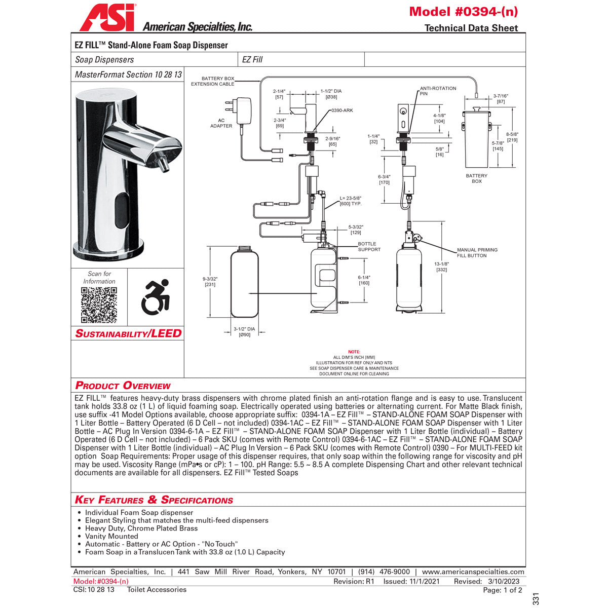 ASI 0394-1AC-41 EZ FILL - Stand Alone FOAM Soap Dispenser (AC) Matte Black, 1L