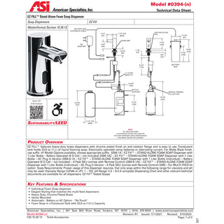 ASI 0394-1A-41 EZ FILL - Stand Alone FOAM Soap Dispenser (BATTERY NOT INCLUDED) Matte Black, 1L