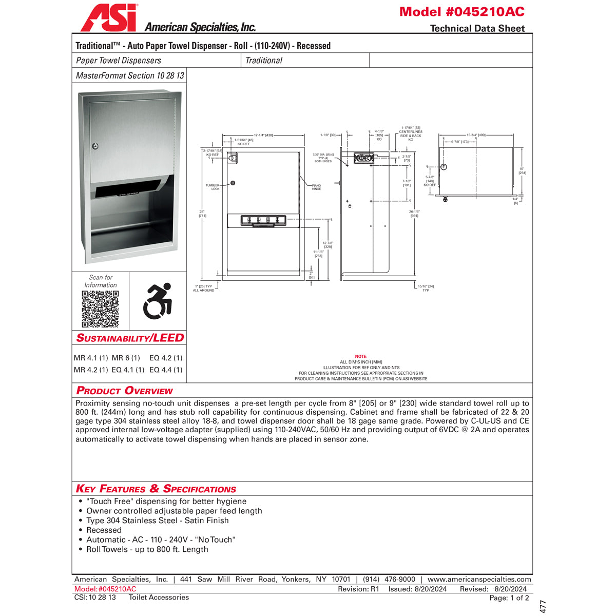 ASI 045210AC Automatic Commercial Paper Towel Dispenser, Recessed-Mounted, Stainless Steel
