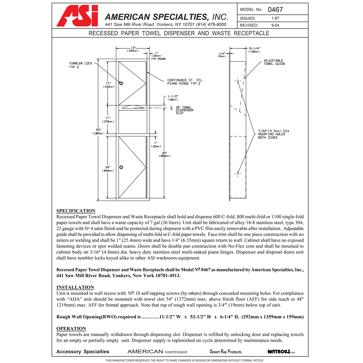 ASI 0467 Combination Commercial Paper Towel Dispenser/Waste Receptacle, Recessed-Mounted, Stainless Steel