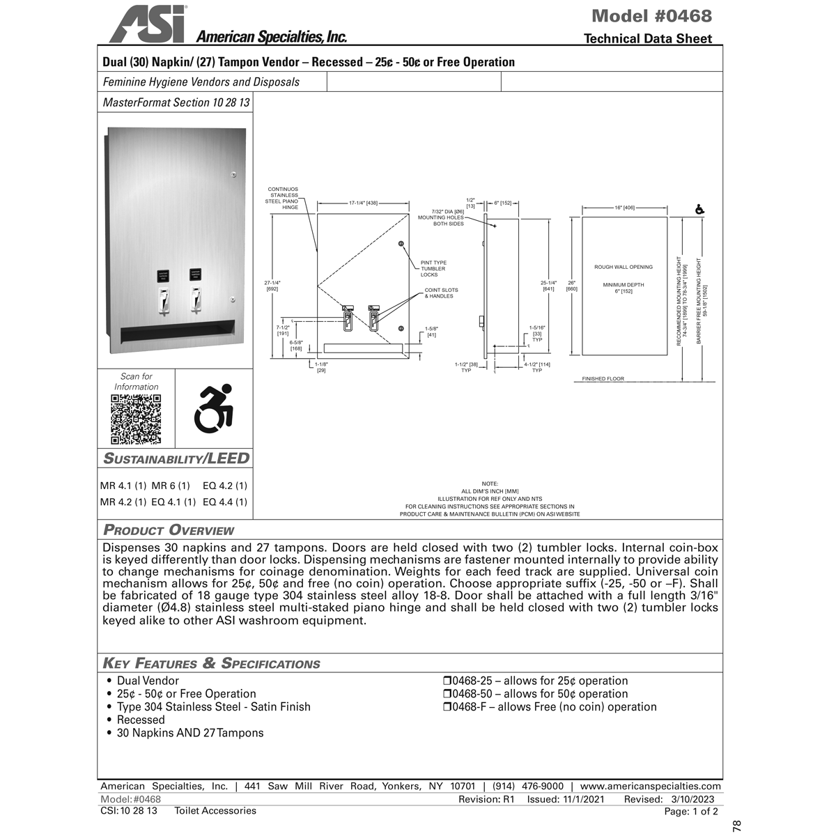 ASI 0468-F Commercial Restroom Sanitary Napkin/ Tampon Dispenser ASI 0468-F Commercial Restroom Sanitary Napkin/ Tampon Dispenser