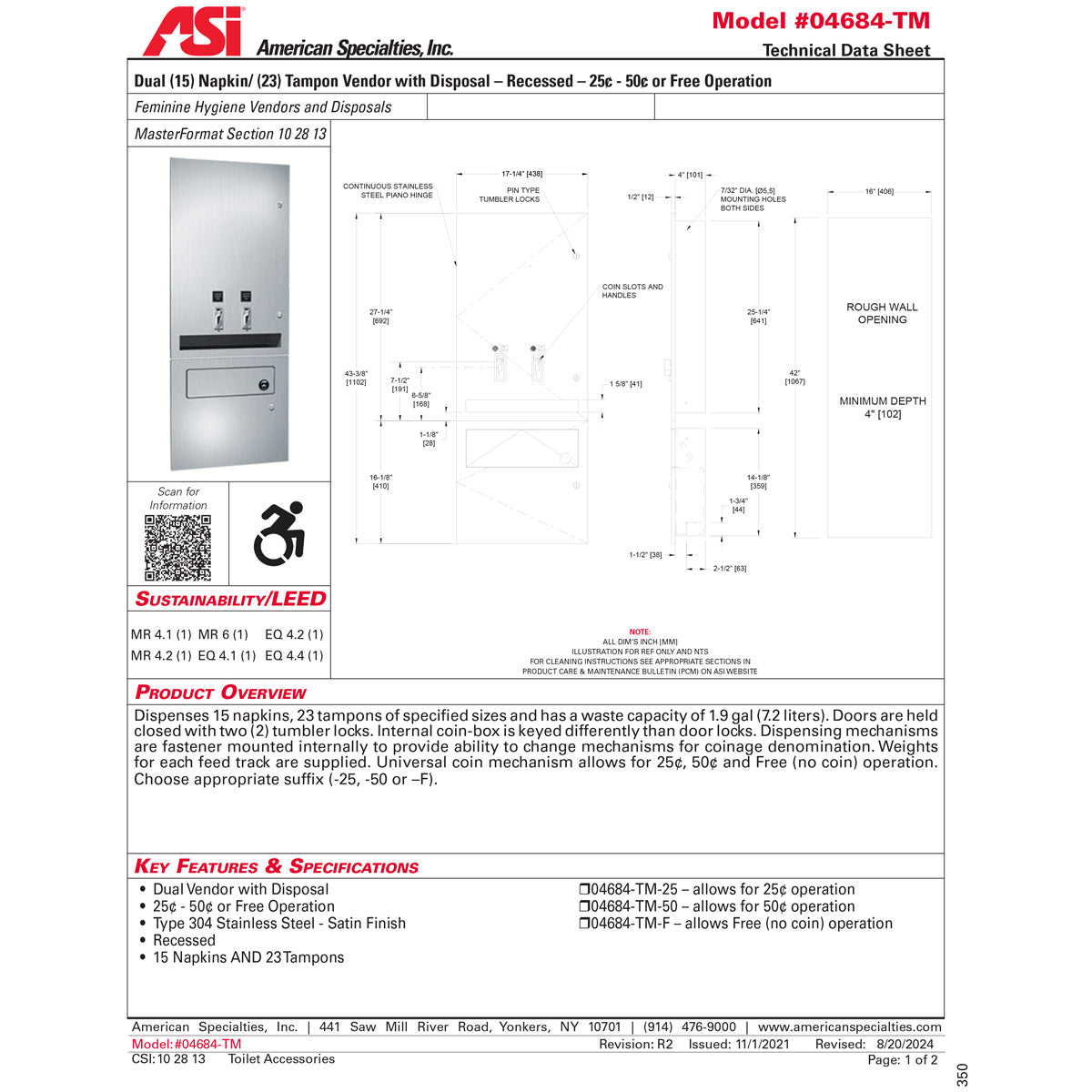 ASI 04684-TM-F Commercial Restroom Sanitary Napkin/ Tampon Dispenser, Free-Operated, Recessed-Mounted, Stainless Steel