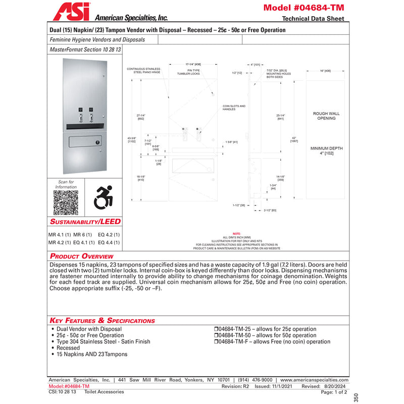 ASI 04684-TM-F Commercial Restroom Sanitary Napkin/ Tampon Dispenser, Free-Operated, Recessed-Mounted, Stainless Steel