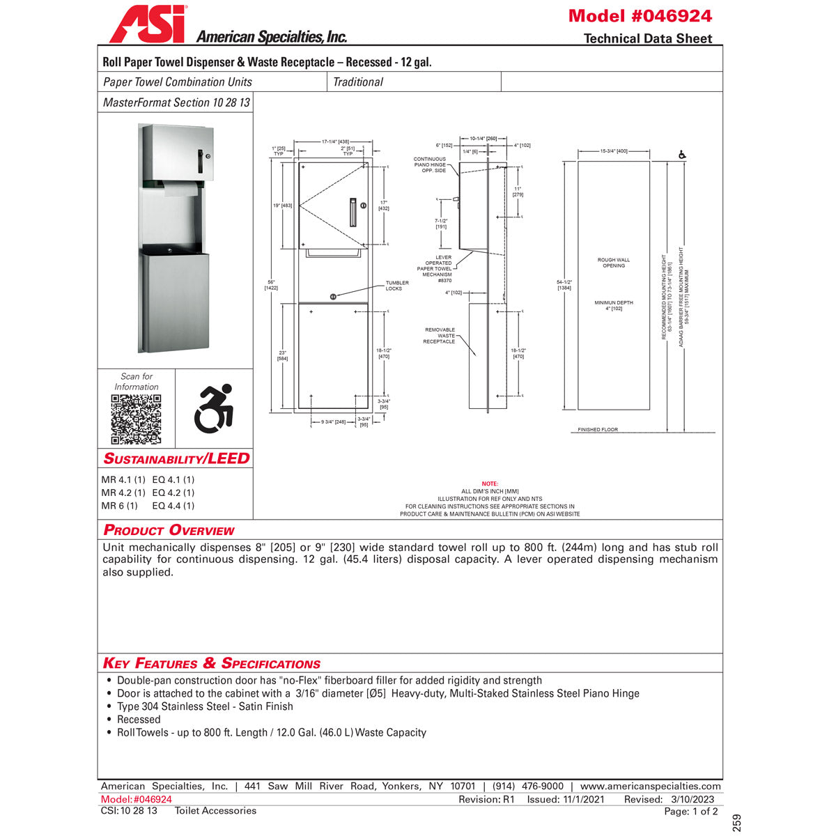 ASI 046924 Combination Commercial Paper Towel Dispenser/Waste Receptacle, Recessed-Mounted, Stainless Steel