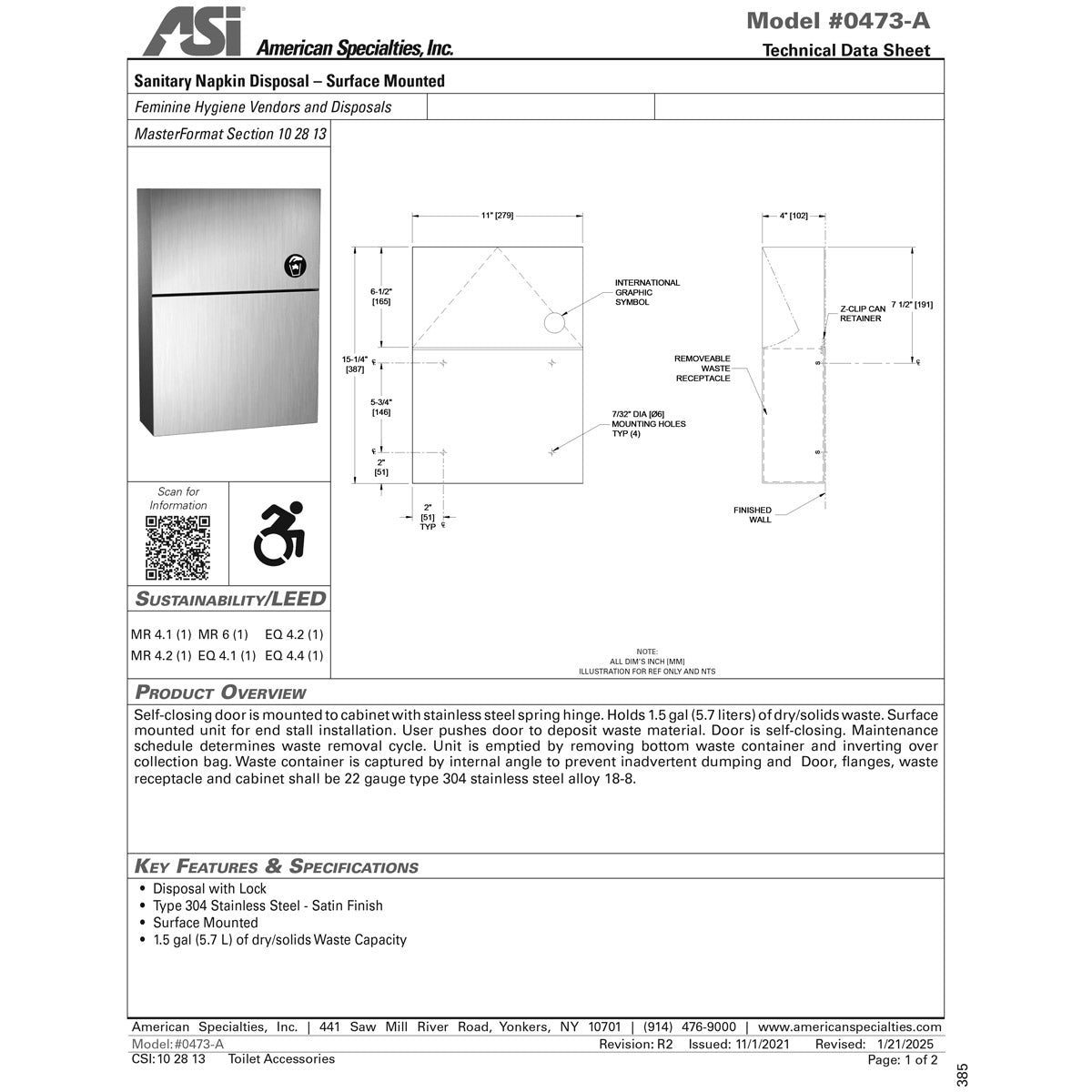 ASI 0473-A Commercial Restroom Sanitary Napkin Disposal, Surface-Mounted, Stainless Steel