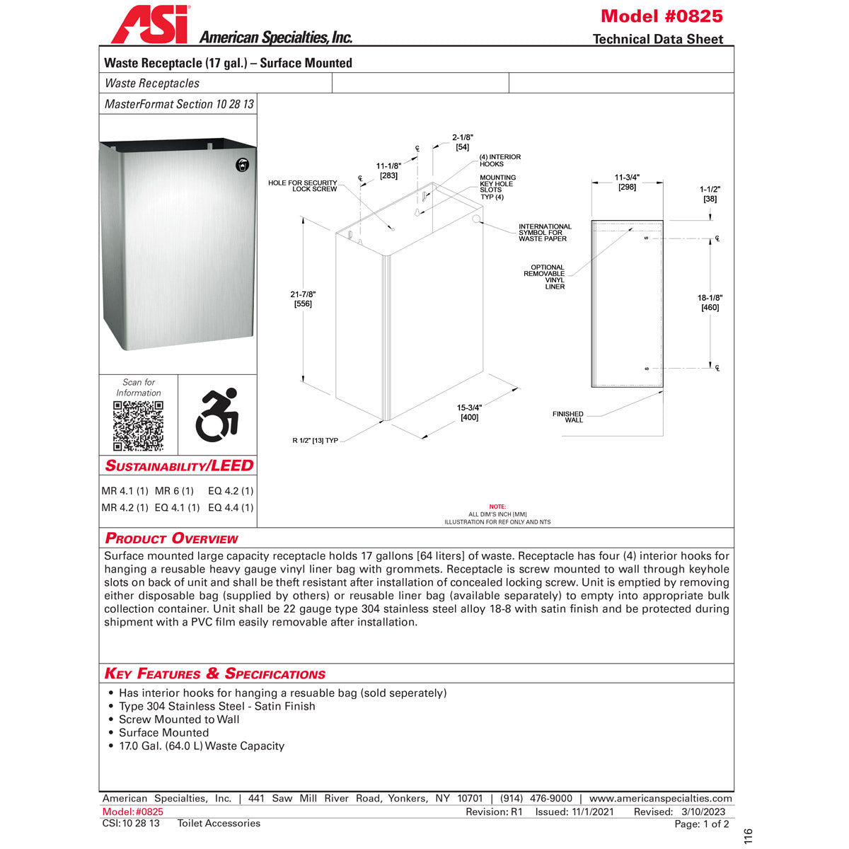 ASI 0825 Commercial Restroom Waste Receptacle, 20 Gallon, Surface-Mounted, 15-3/4" W x 21-7/8" H, 11-3/4" D, Stainless Steel