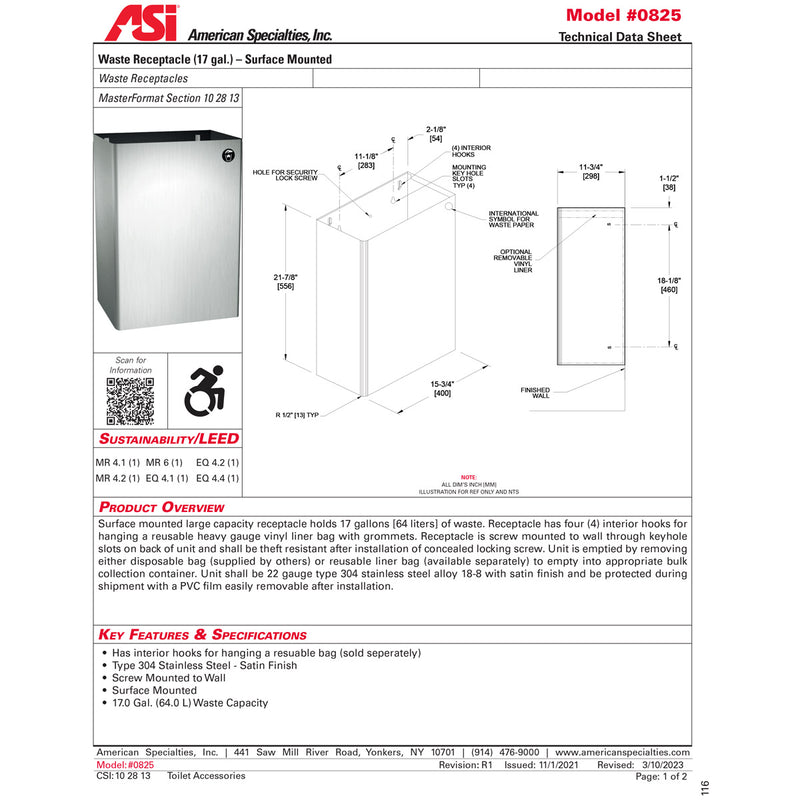 ASI 0825 Commercial Restroom Waste Receptacle, 20 Gallon, Surface-Mounted, 15-3/4" W x 21-7/8" H, 11-3/4" D, Stainless Steel