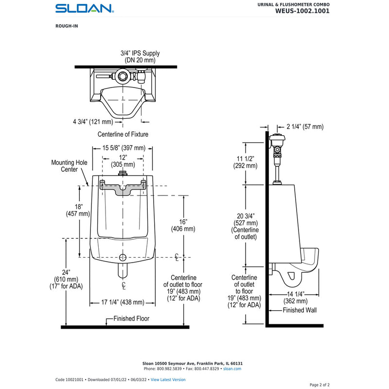 Sloan WEUS1002.1001 Washdown Wall Hung Urinal, 0.25 Gallons per Flush