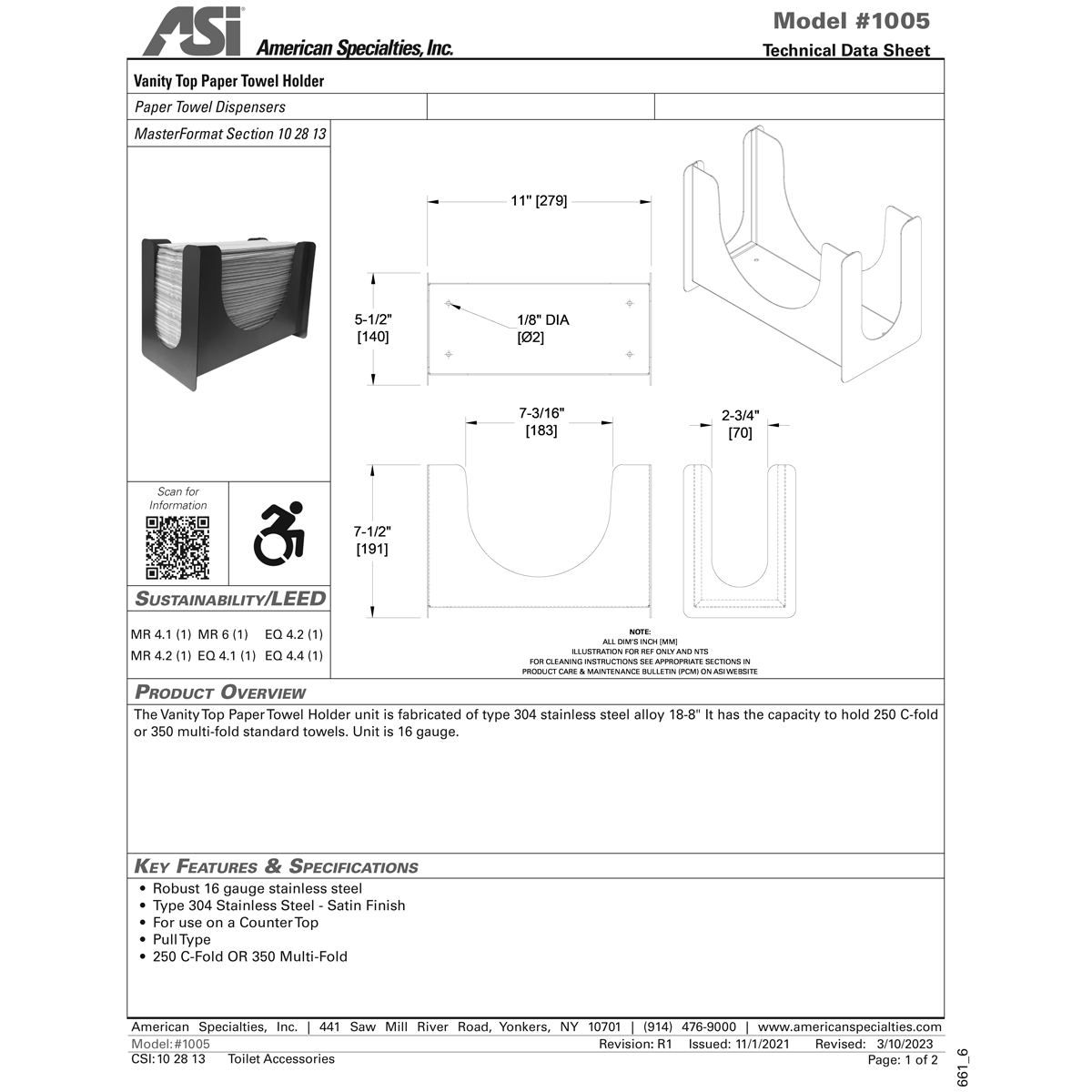ASI 1005 Paper Towel Holder - Multi, C-Fold - Vanity, Free Standing