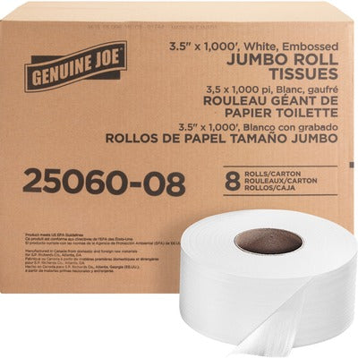 Genuine Joe GJO2506008 Jumbo Dispenser Roll Bath Tissue, 2 Ply, 3.50" Width x 1000 ft Length, 9" Roll Diameter, 3 19/64" Core, White, 8/Carton