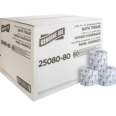 Genuine Joe GJO2508080 Embossed Roll Bath Tissue, 2 Ply, 4" Width x 4" Length, 550 Sheets/Roll, 1 5/8" Core, White, 80/Carton