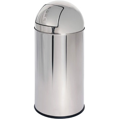 Genuine Joe GJO58885 Push Open Round Top Receptacle, 12 gal Capacity, 29.2" Height x 14.8" Diameter, Stainless Steel