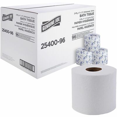 Genuine Joe GJO2540096 2-ply Standard Bath Tissue Rolls, 3" Width x 4" Length, 400 Sheets/Roll, 1 5/8" Core, White, 96/Carton