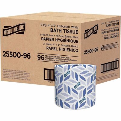 Genuine Joe GJO2550096 2-ply Standard Bath Tissue Rolls, 4" Width x 3.20" Length, 500 Sheets/Roll, 1 5/8" Core, White, 96/Carton