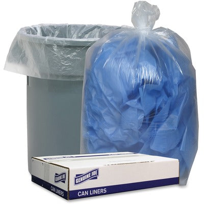 Genuine Joe GJO29133 Low-Density Can Liners, 60 gal Capacity, 58" L x 38" W x 1.75 mil (44 Micron) Thickness, Clear, Recycled, 100/Carton