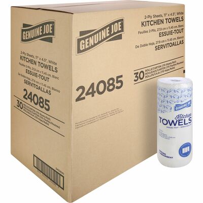 Genuine Joe GJO24085 Kitchen Roll Flexible Size Towels, 2 Ply, 1 5/8" Core, White, Paper, 30/Carton