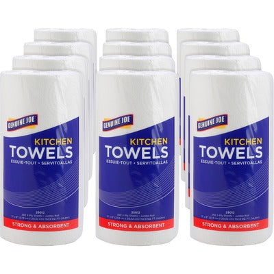 Genuine Joe GJO25012 Kitchen Roll Towels, 2 Ply, 8" Width x 11" Length, 250 Sheets/Roll, 1 5/8" Core, White, Paper, 12/Carton