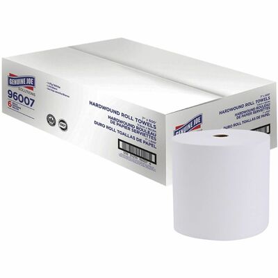 Genuine Joe GJO96007 Solutions 1-ply Hardwound Towels, 7" Width x 600 ft Length, 63/64" Core, White, Virgin Fiber, 6/Carton