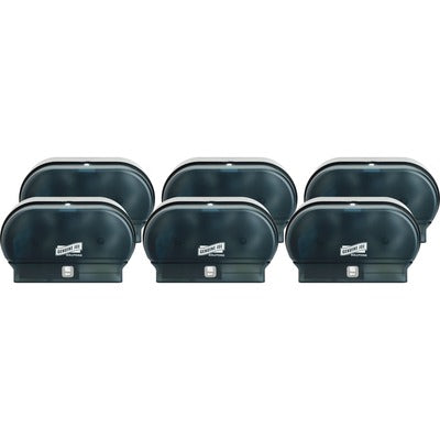 Genuine Joe GJO98213CT Solutions Standard Bath Tissue Roll Dispenser, Manual, 2000 x Sheet, 2 x Roll, Black, Sliding Door, 6/Carton