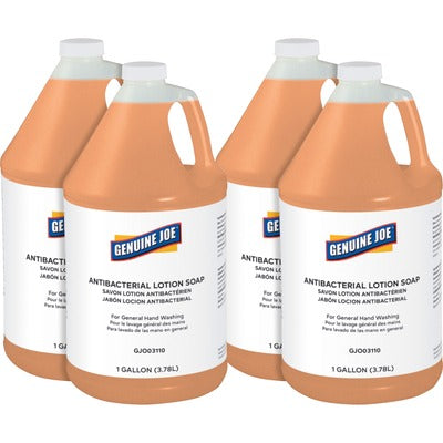 Genuine Joe GJO03110CT Antibacterial Lotion Soap, 1 gal, Bacteria Remover, Grime Remover, Dirt Remover, Orange, Anti-septic, Pleasant Scent, 4/Carton