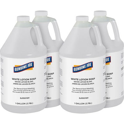 Genuine Joe GJO03109CT Lotion Soap, 1 gal, Ink Remover, Oil Remover, Dirt Remover, Grease Remover, Grime Remover, Carbon Remover, Hand, Skin, White, Pleasant Scent, 4/Carton
