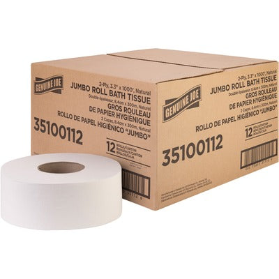 Genuine Joe GJO35100112 Jumbo Jr Dispenser Bath Tissue Roll, 2 Ply, 3.30" Width x 1000 ft Length, 8.88" Roll Diameter, White, Fiber, 12/Carton