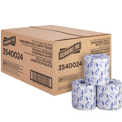 Genuine Joe GJO3540024 2-ply Bath Tissue Rolls, 4" Width x 3.75" Length, 400 Sheets/Roll, Embossed, White, 24/Carton