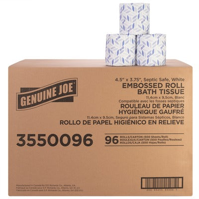 Genuine Joe GJO3550096 2-ply Bath Tissue, 4.50" Width x 3.80" Length, 500 Sheets/Roll, Embossed, White, Fiber, 96/Carton