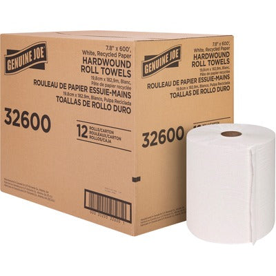Genuine Joe GJO32600 Hardwound Roll Paper Towels, 7.80" Width x 600 ft Length, 2" Core, Embossed Design, White, 12/Carton