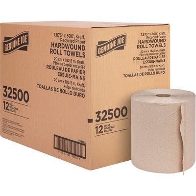 Genuine Joe GJO32500 Embossed Hardwound Roll Towels, 7.87" Width x 600 ft Length, 2" Core, Embossed Design, Brown, 12/Carton