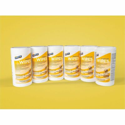 Genuine Joe GJO45500 Broad-Spectrum Disinfectant Wipes, Lemon Scent, Bacteria Remover, Virus Remover, Yellow, 75 Wipes/Tub, 6/Carton