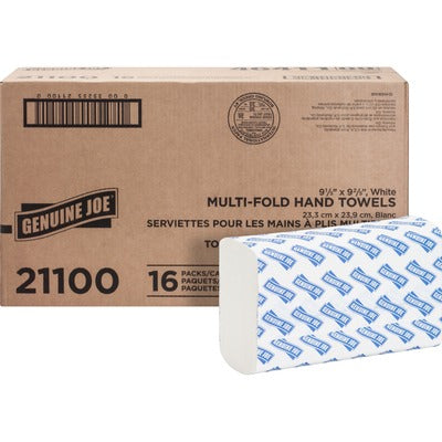Genuine Joe GJO21100 Paper Towel Multi fold 250 sheets White, 1 Ply, Multifold, 9.20" Width x 9.40" Length, embossed design, Paper, Fiber, 250 Sheets/Pack, 16/Carton